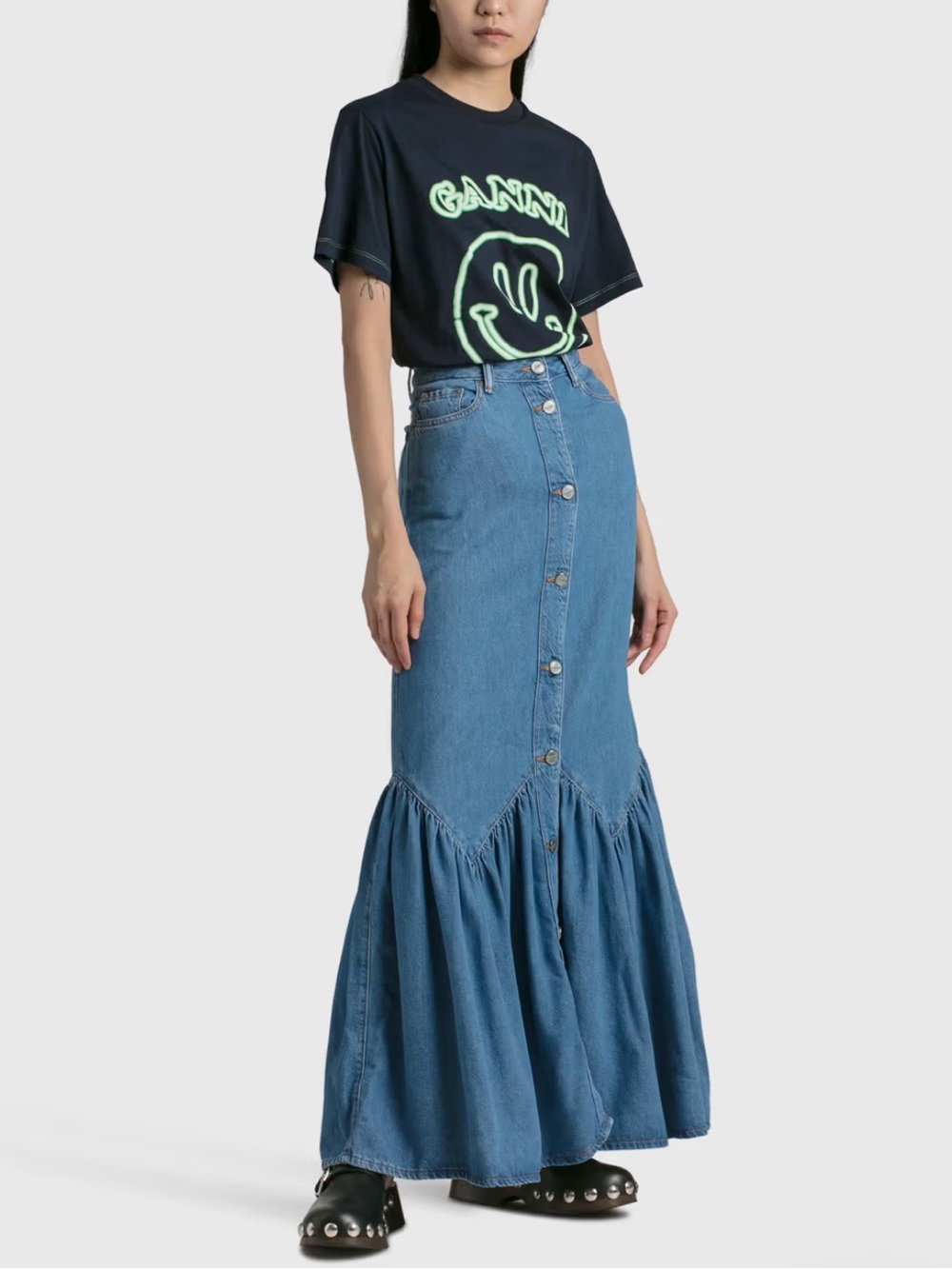 GANNI Navy Blue Ganni Hotel Smiley Face T-Shirt Tee - Picture 2 of 16